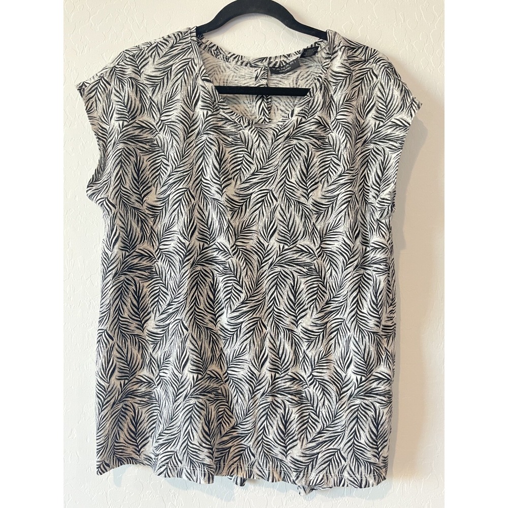 Tahari Women Top 100% Linen Tank 2X Sleeveless Palm Leaf Print‎ Blouse Coastal